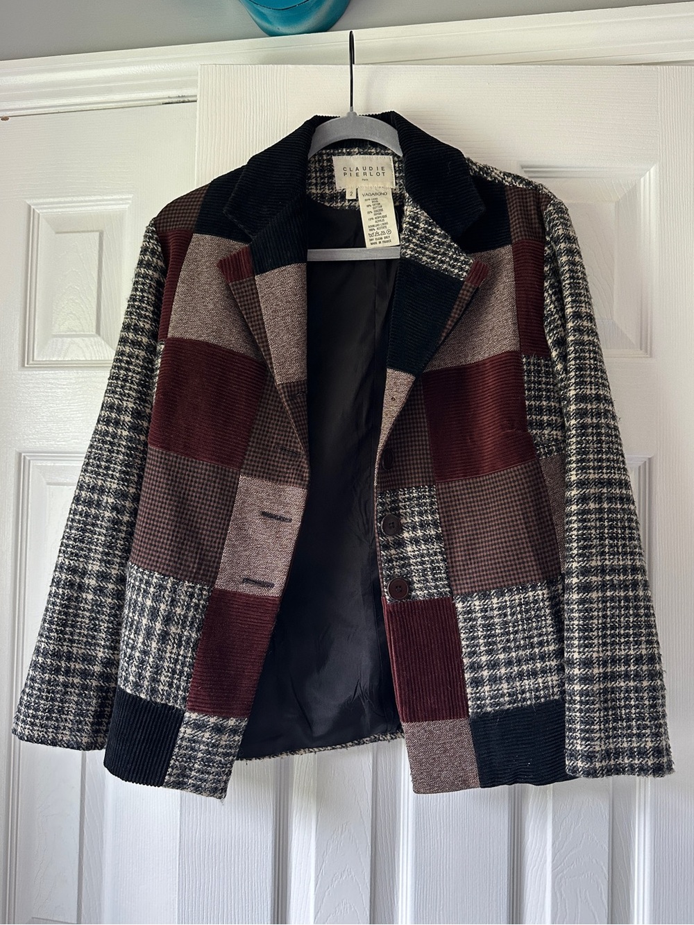 Claudie Pierlot patchwork blazer in burgundy, black, and brown